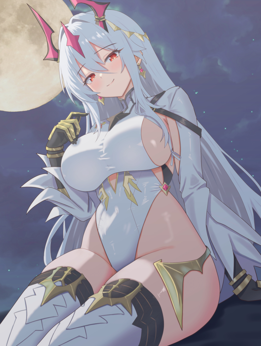 1girl, absurdres, arm_cutout, arm_support, black_gloves, blush, breasts, clothing_cutout