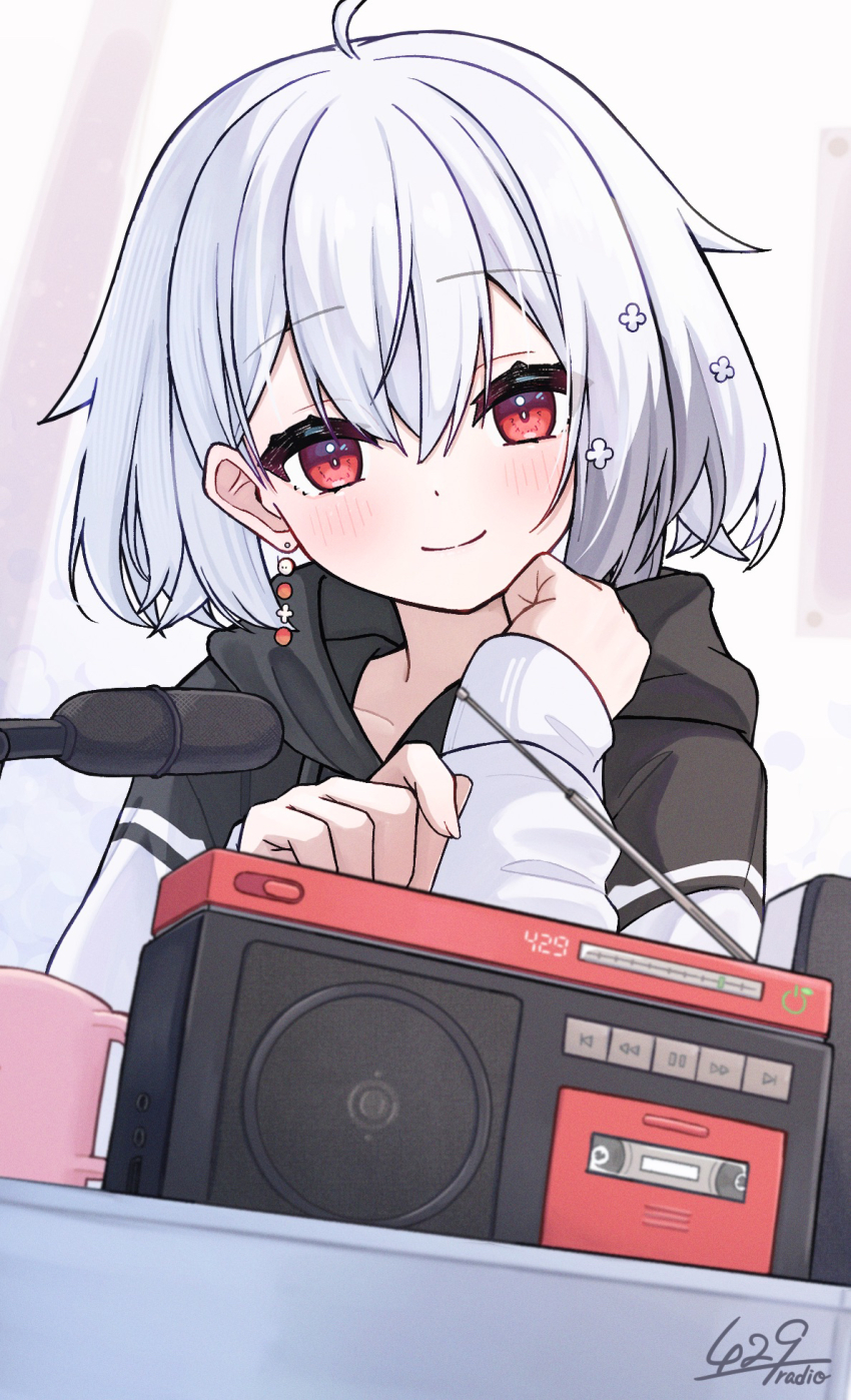 1girl, ahoge, anku, blush, closed_mouth, cup, earrings, hair_ornament