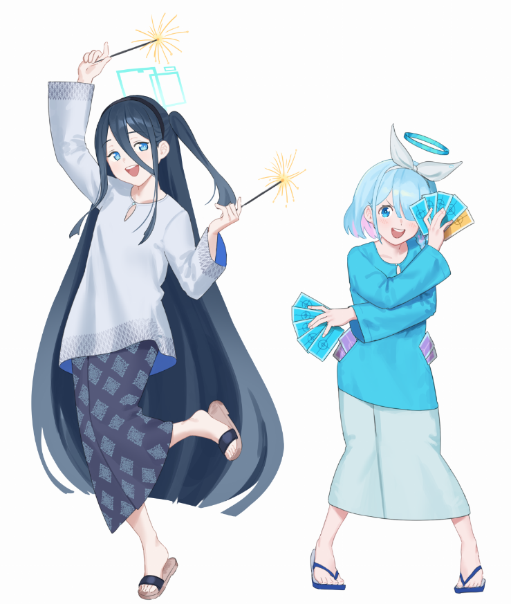 2girls, aris_(blue_archive), arona_(blue_archive), baju_kurung, black_hair, black_skirt, blue_archive, blue_eyes, blue_hair, blue_halo, blue_shirt, bow, card, fikkyun, flip-flops, grey_shirt, hair_between_eyes, hair_bow, halo, holding, holding_card, holding_fireworks, long_hair, long_hair_between_eyes, malaysian_clothes, multiple_girls, patterned_clothing, sandals, shirt, short_hair, side_ponytail, simple_background, skirt, very_long_hair, white_background