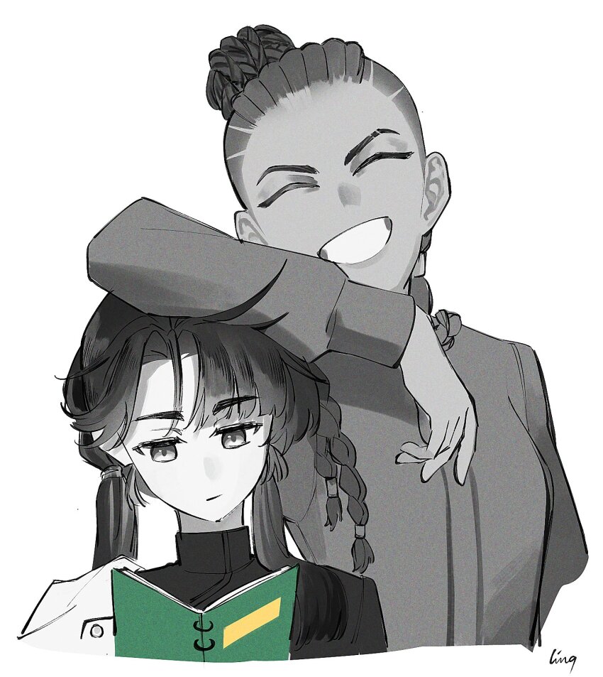 2girls, ^_^, arm_on_another's_head, arm_up, artist_name, book, closed_eyes, cornrows