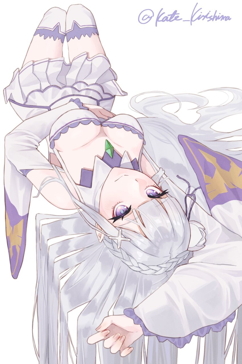 1girl, absurdres, blue_pupils, braid, breasts, crown_braid, detached_sleeves, emilia_(re:zero), fingernails, flower, gem, green_gem, hair_flower, hair_ornament, hair_ribbon, hand_on_own_stomach, highres, kirishima_kate, knees_up, long_hair, looking_at_viewer, lying, on_back, pointy_ears, purple_eyes, purple_ribbon, re:zero_kara_hajimeru_isekai_seikatsu, ribbon, smile, solo, twitter_username, white_flower, white_sleeves, wide_sleeves, x_hair_ornament