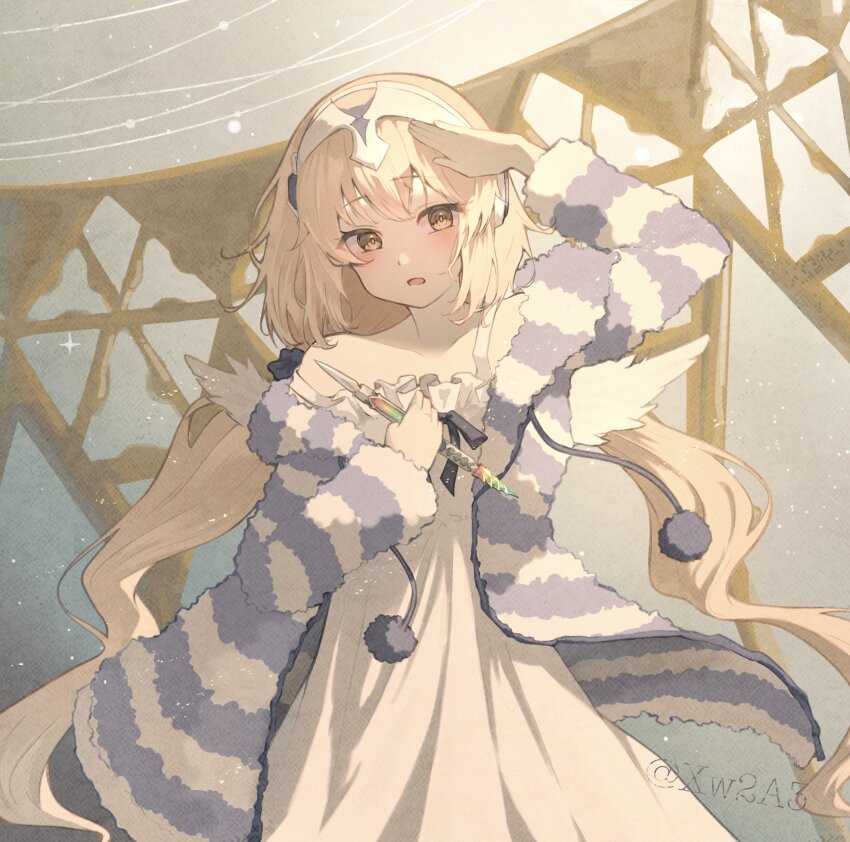 1girl, angel_wings, blonde_hair, dress, fate/grand_order, fate_(series), headphones, highres