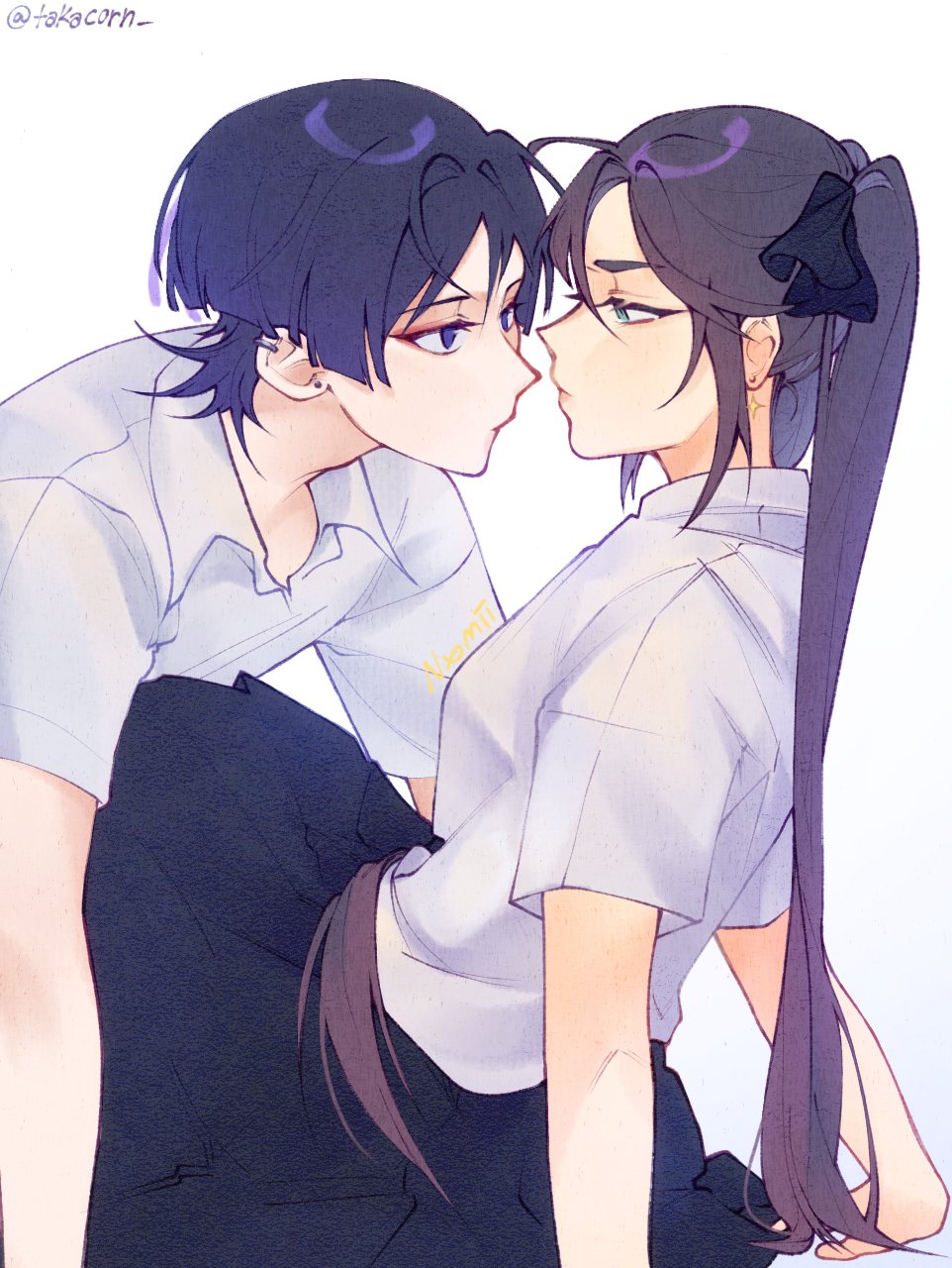 1boy, 1girl, adam's_apple, aqua_eyes, arm_support, artist_name, black_bow, black_skirt