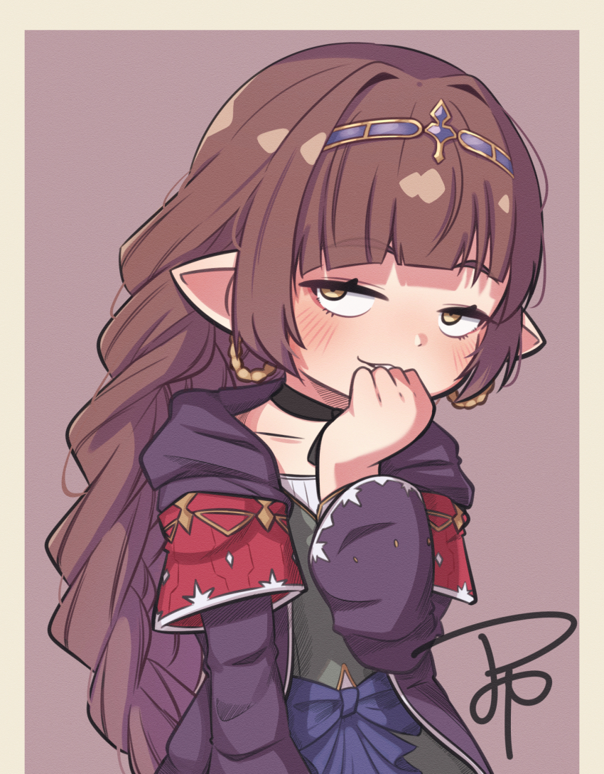 1girl, border, braid, brown_hair, choker, coat, collarbone, commentary_request