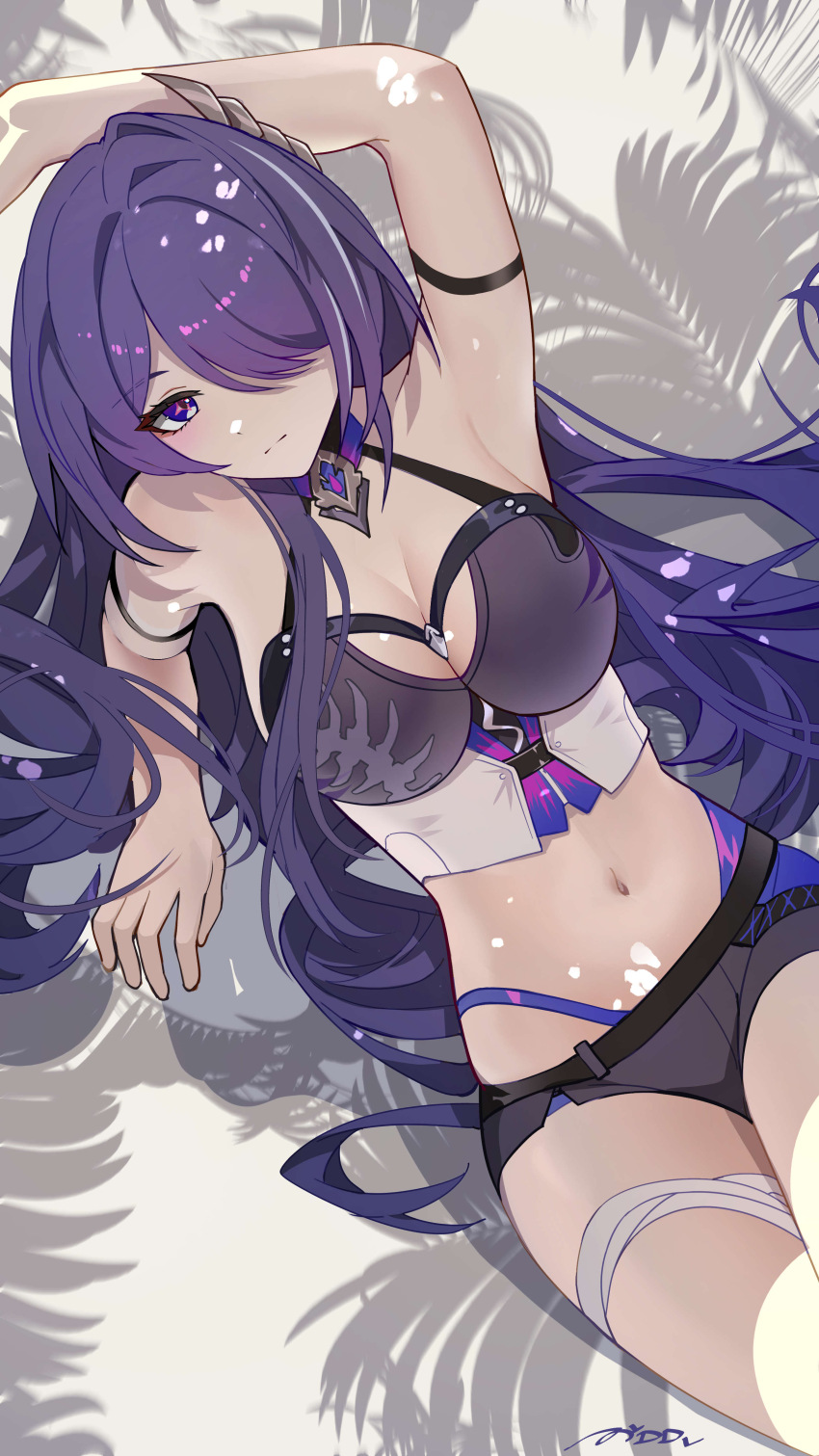 1girl, absurdres, acheron_(honkai:_star_rail), ai_dongdong, alternate_costume, biki, breasts, cleavage, closed_mouth, hair_over_one_eye, highres, honkai:_star_rail, honkai_(series), long_hair, looking_at_viewer, navel, outdoors, purple_hair, solo, stomach