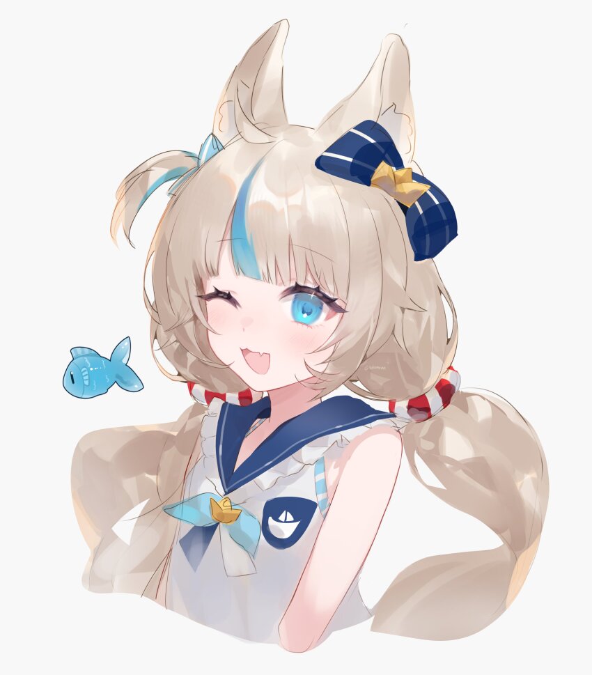 1girl, :3, absurdres, ahoge, animal_ear_fluff, animal_ears, arms_at_sides, bare_arms