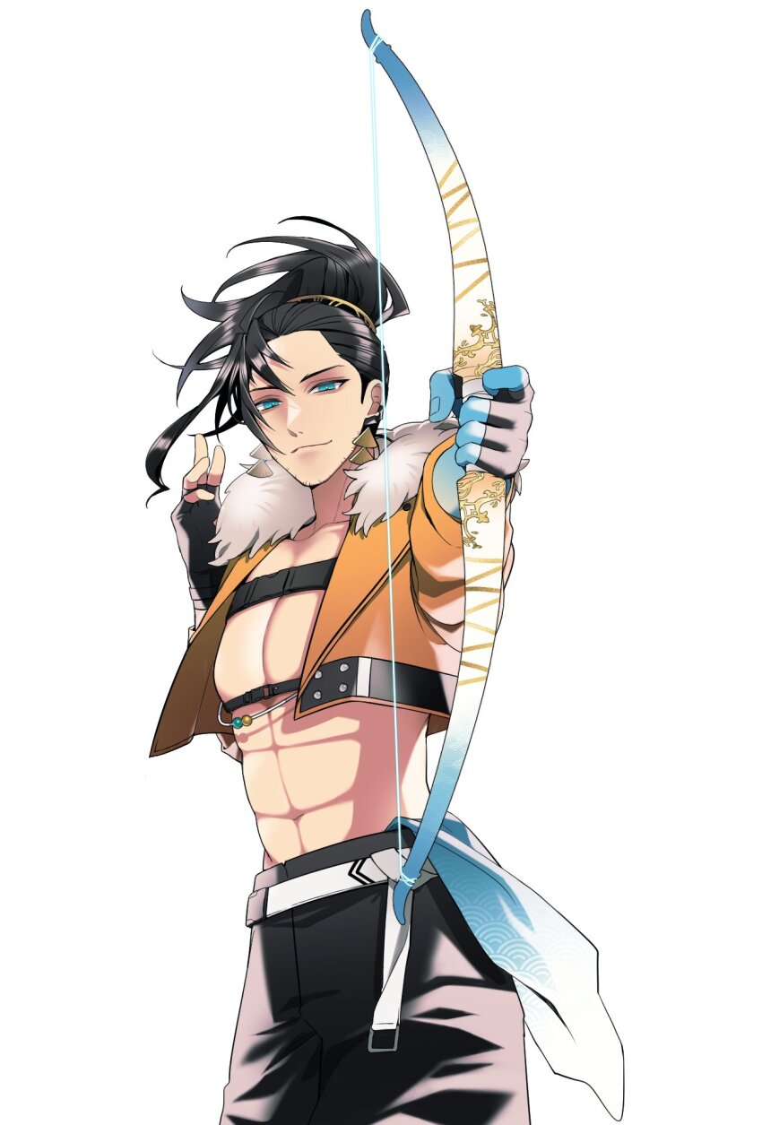 029jrr, 1boy, abs, beard_stubble, black_gloves, black_hair, blue_eyes, blue_skin