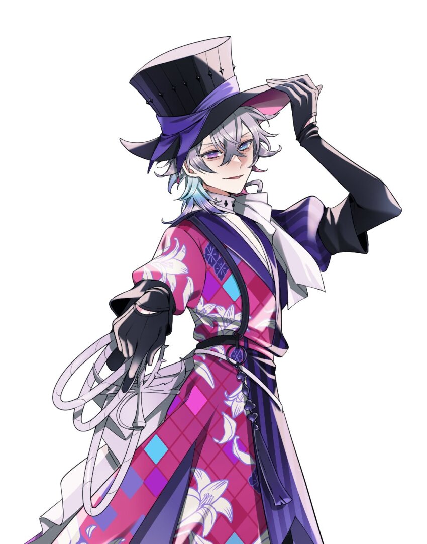 029jrr, 1boy, adjusting_clothes, adjusting_headwear, bishounen, black_gloves, blue_eyes, blue_hair