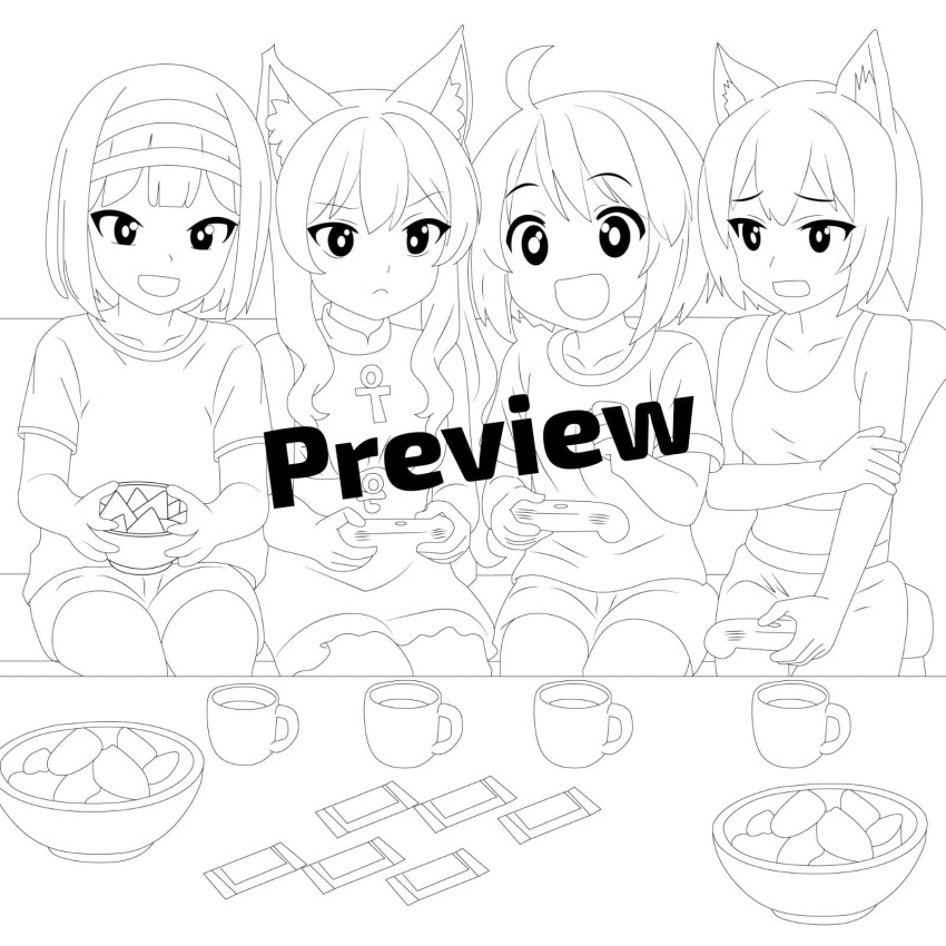 4girls, akemithekitten, astarte_(surio), borrowed_character, chloeakemi, feet, game_console, highres