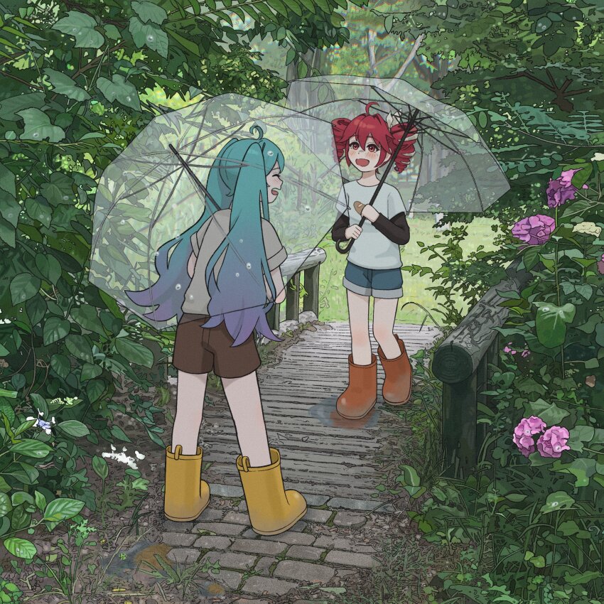 2girls, :d, ahoge, alternate_costume, anchannnnnn, blue_shorts, blush, boots, brown_boots, brown_shorts, closed_eyes, commentary_request, drill_hair, film_grain, flower, hair_between_eyes, hatsune_miku, highres, holding, holding_umbrella, kasane_teto, kasane_teto_(sv), laughing, long_hair, long_sleeves, looking_at_another, multiple_girls, open_mouth, outdoors, pink_flower, pink_rose, puddle, red_eyes, red_hair, rose, rubber_boots, shirt, short_sleeves, shorts, smile, synthesizer_v, transparent, transparent_umbrella, tree, twin_drills, twintails, two-tone_shirt, umbrella, utau, vocaloid, yellow_boots