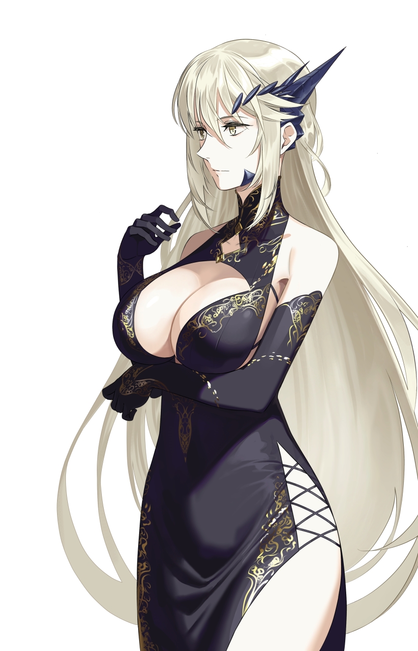 1girl, absurdres, artoria_pendragon_(fate), artoria_pendragon_(lancer_alter)_(fate), artoria_pendragon_(celebratory_attire)_(fate), bare_shoulders, black_dress, black_gloves