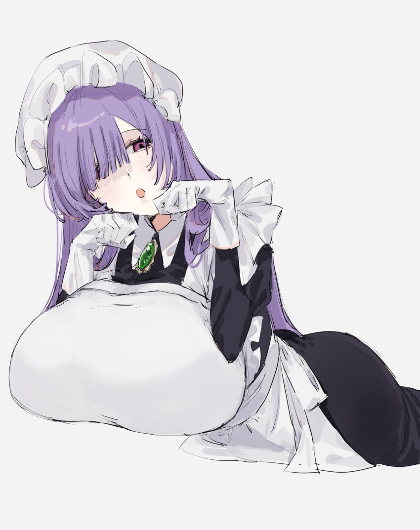 1girl, :o, apron, black_dress, blunt_bangs, blush, borrowed_character, breasts