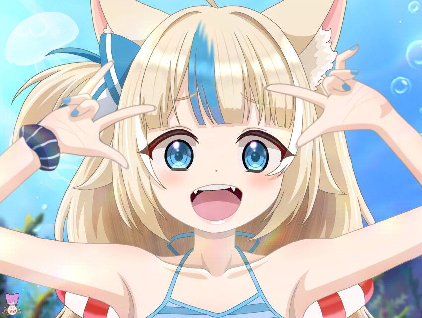 1girl, animal_ear_fluff, animal_ears, arms_up, bikini, blonde_hair, blue_bikini, blue_eyes