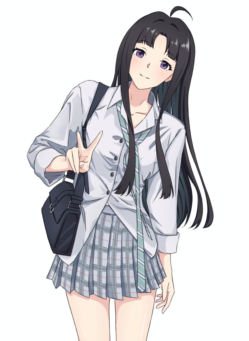 1girl, a_whydc, ahoge, awa_subaru, bag, black_bag, black_hair, blue_necktie