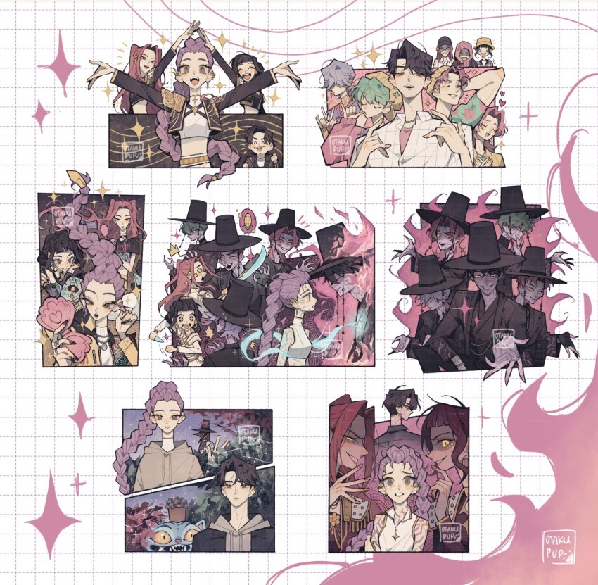 3girls, 5boys, abby_(kpop_demon_hunters), applying_makeup, baby_(kpop_demon_hunters), beckoning, black_hair, black_hat, braid, braided_ponytail, commentary, derpy_(kpop_demon_hunters), english_commentary, evil_smile, eye_contact, full-body_tattoo, gat_(hat), gatkkeun, grid_background, hat, highres, jinu_(kpop_demon_hunters), kpop_demon_hunters, long_hair, looking_at_another, mira_(kpop_demon_hunters), multiple_boys, multiple_girls, multiple_views, mystery_(kpop_demon_hunters), official_alternate_costume, otakupup, pot_on_head, purple_eyes, red_hair, romance_(kpop_demon_hunters), rumi_(kpop_demon_hunters), signature, smile, sparkle, sussie_(kpop_demon_hunters), tattoo, very_long_hair, zoey_(kpop_demon_hunters)