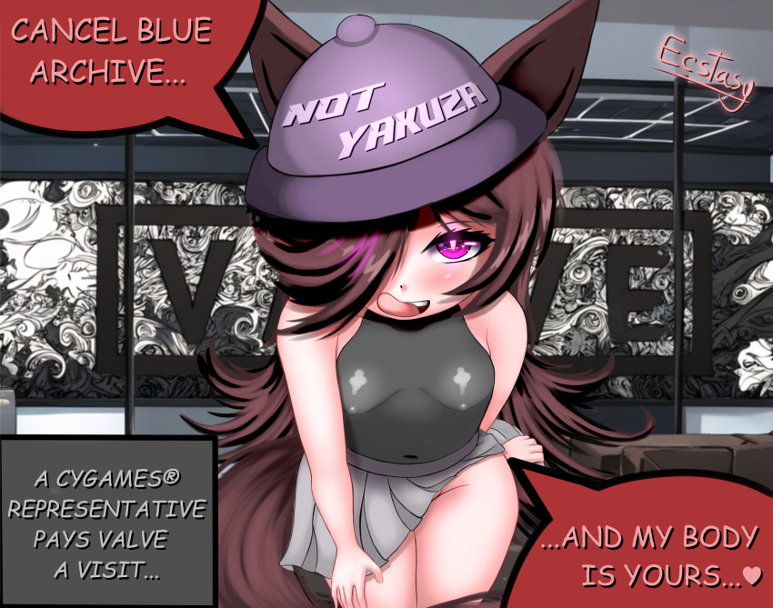 1girl, animal_ears, artist_name, bent_over, black_shirt, blush, breasts, brown_hair, clothes_lift, come_hither, covered_erect_nipples, cowboy_shot, ecstasy_(icyblue), female_focus, glowing, glowing_eyes, hair_over_one_eye, hat, highres, horse_ears, horse_girl, horse_tail, leaning_forward, licking_lips, loli, long_bangs, long_hair, looking_at_viewer, miniskirt, naughty_face, navel, no_bra, no_panties, partially_visible_vulva, pleated_skirt, purple_eyes, rice_shower_(boc'z)_(umamusume), rice_shower_(umamusume), shirt, signature, skin_tight, skindentation, skirt, skirt_lift, sleeveless, sleeveless_shirt, small_breasts, smile, solo, speech_bubble, spiked_hair, tail, thick_thighs, thighs, tight_clothes, tongue, tongue_out, umamusume, very_long_hair, video_game_dialogue_box, white_skirt, yakuza