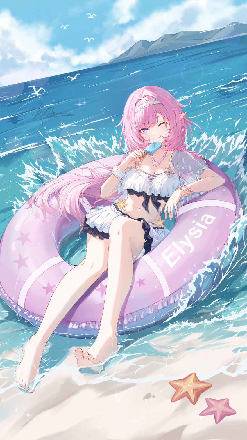 1girl, ;), absurdres, afloat, barefoot, beach, bikini, blue_eyes