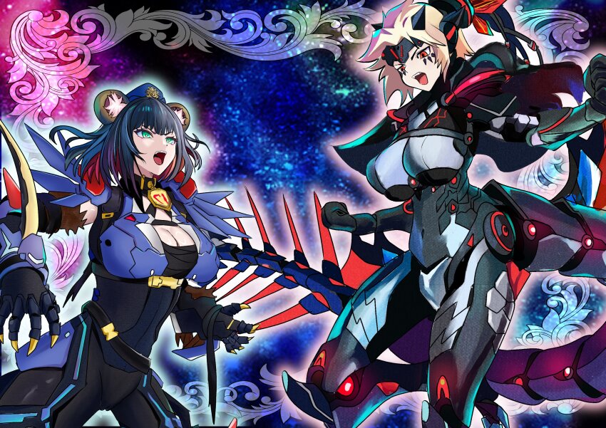 2girls, absurdres, animal_ear_fluff, armor, black_armor, black_bodysuit, black_hair, blonde_hair