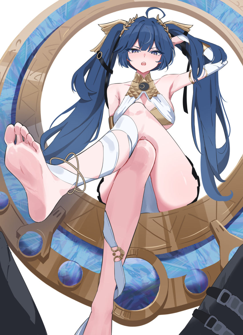 1girl, ahoge, arm_up, bare_shoulders, barefoot, blue_eyes, blue_hair, breasts, commentary_request, crossed_legs, feet, gold_bra, head_wreath, highres, iuno_(wuthering_waves), large_breasts, looking_at_viewer, open_mouth, soles, solo, thighs, toes, twintails, wesly2300, wuthering_waves