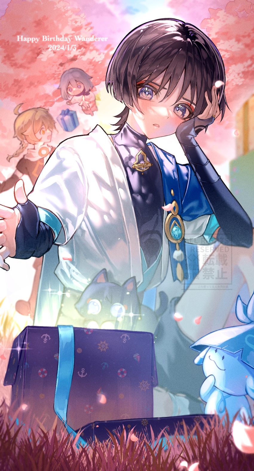 1girl, 2boys, aether_(genshin_impact), ahoge, anchor_print, animal, animal_on_lap, animalization