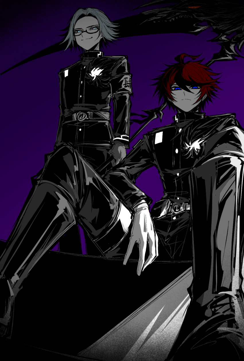 2boys, ahoge, aotsuki_eito, armband, belt, black_boots, black_pants, black_streaks