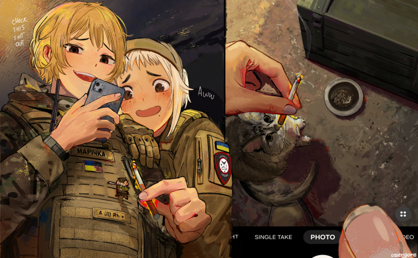 2girls, azov_battalion, blonde_hair, blood_type, blush, brown_eyes, bulletproof_vest, cat