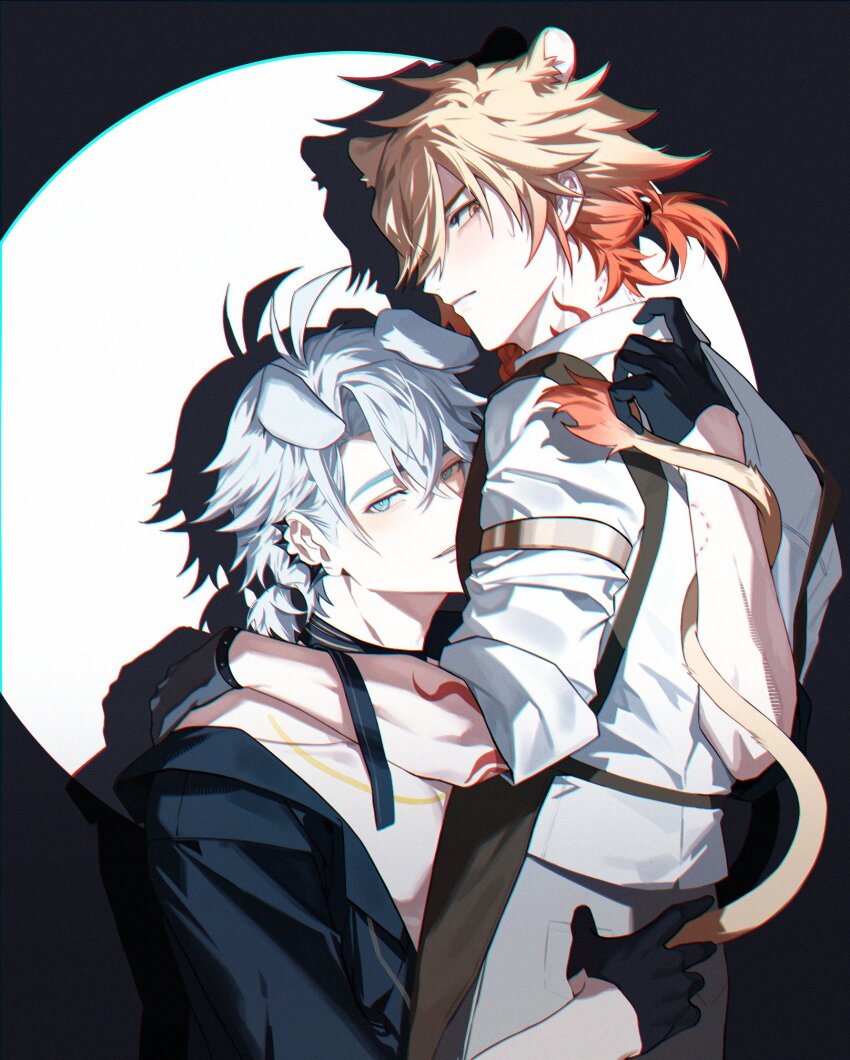 2boys, animal_ears, antenna_hair, apron, arm_tattoo, black_apron, black_choker, black_gloves