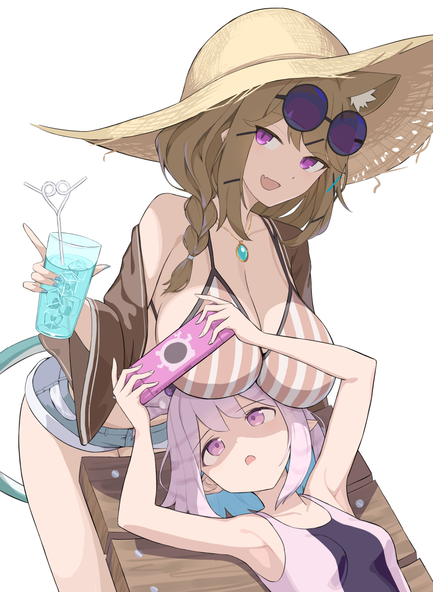 2girls, 8ka43, absurdres, animal_ear_fluff, animal_ears, aqua_nails, arknights, breast_rest