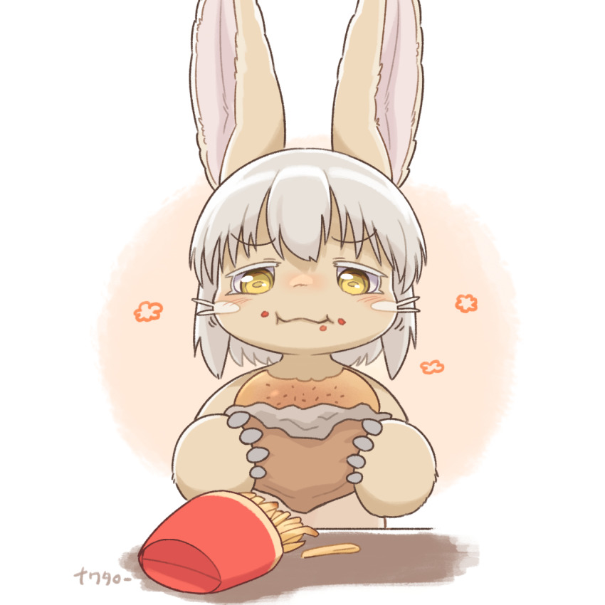 1other, animal_ears, blush, body_fur, brown_background, burger, closed_mouth, commentary