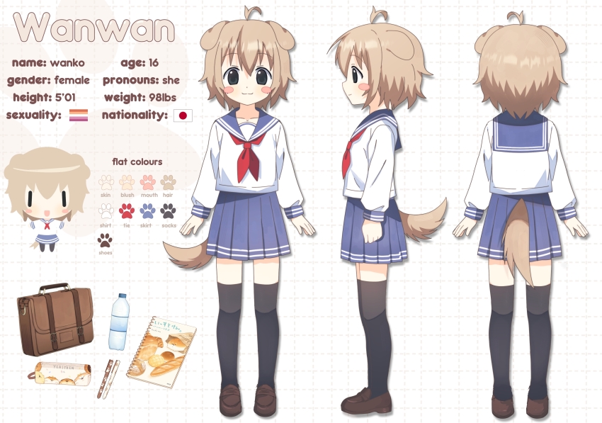 1girl, :3, absurdres, ahoge, animal_ears, black_eyes, black_thighhighs, blue_skirt, blush_stickers, bottle, brown_hair, brown_shoes, character_age, character_name, closed_mouth, collarbone, dog_ears, dog_girl, dog_tail, height, highres, japanese_flag, lesbian_flag, loafers, long_sleeves, looking_at_viewer, measurements, neckerchief, onlinepetclub, original, red_neckerchief, reference_sheet, sailor_collar, school_uniform, serafuku, shoes, skirt, smile, solo, tail, thighhighs, wanwan_(onlinepetclub), water_bottle, weight