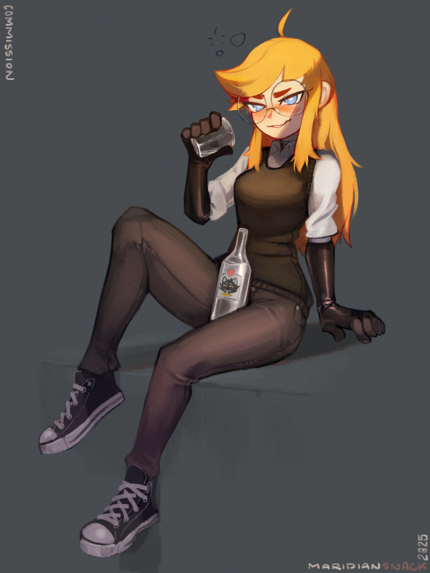 1girl, arm_support, black-framed_eyewear, black_bodysuit, black_pants, black_shoes, black_sweater_vest, blush