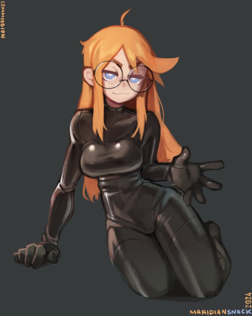 1girl, ahoge, black-framed_eyewear, black_background, black_bodysuit, bodysuit, borrowed_character, breasts