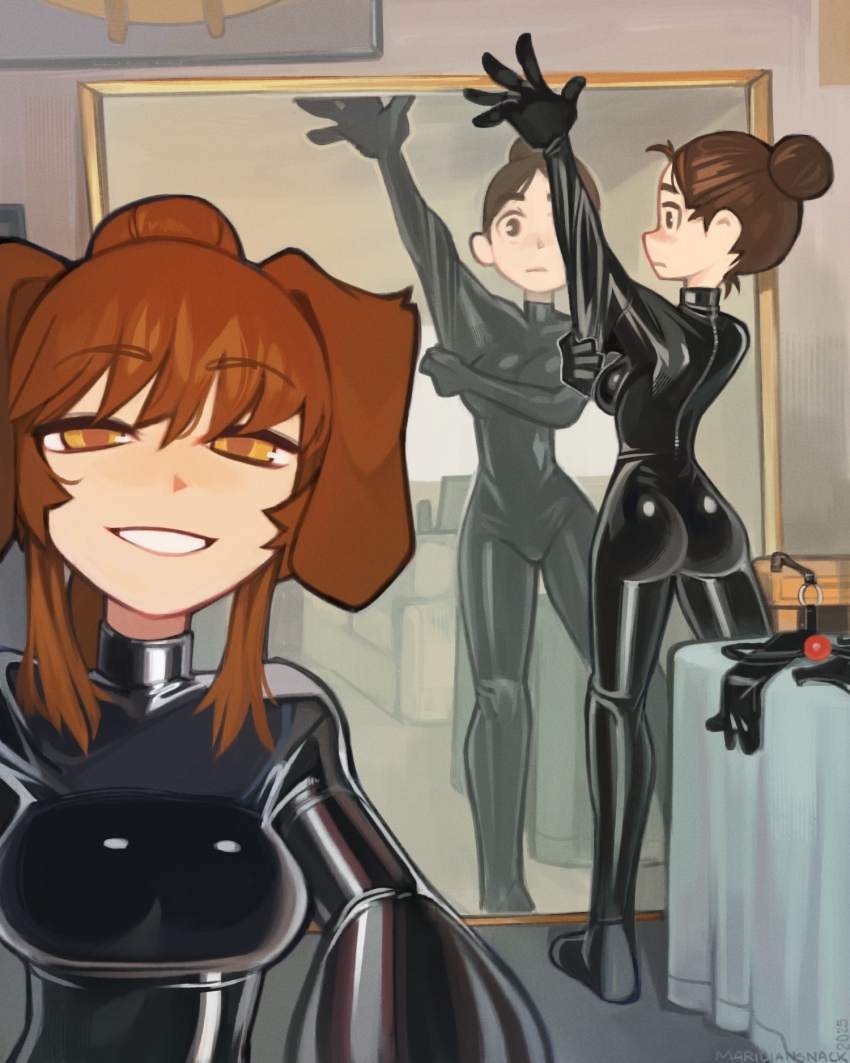 2girls, animal_ears, ass, black_bodysuit, blush, bodysuit, breasts, brown_eyes