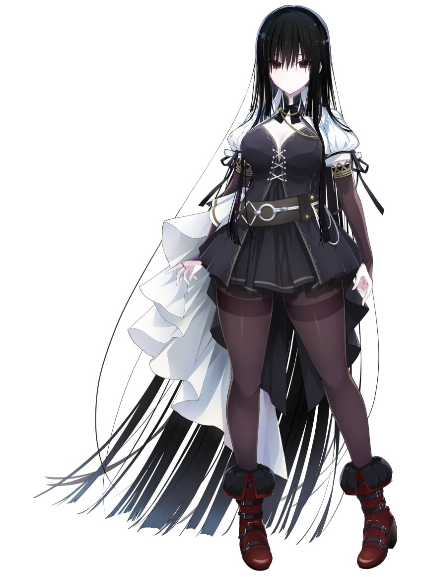 1girl, absurdly_long_hair, absurdres, aoki_kaho, arms_at_sides, assault_lily, belt, belt_buckle, black_belt, black_bow, black_bowtie, black_dress, black_hair, black_ribbon, blunt_ends, boots, bow, bowtie, breasts, bridal_gauntlets, brown_belt, brown_bridal_gauntlets, brown_eyes, brown_pantyhose, buckle, cleavage, closed_mouth, commentary_request, cross-laced_clothes, cross-laced_dress, dress, full_body, hair_between_eyes, high_heel_boots, high_heels, highres, hotaru_(ultraroly_poly), large_breasts, layered_dress, long_hair, looking_at_viewer, official_art, pantyhose, puffy_short_sleeves, puffy_sleeves, red_boots, ribbon, school_uniform, short_dress, short_sleeves, shrug_(clothing), sidelocks, simple_background, sleeve_ribbon, solo, standing, tachi-e, thighband_pantyhose, very_long_hair, waist_cape, white_background, white_shrug, yurigaoka_girls_academy_school_uniform