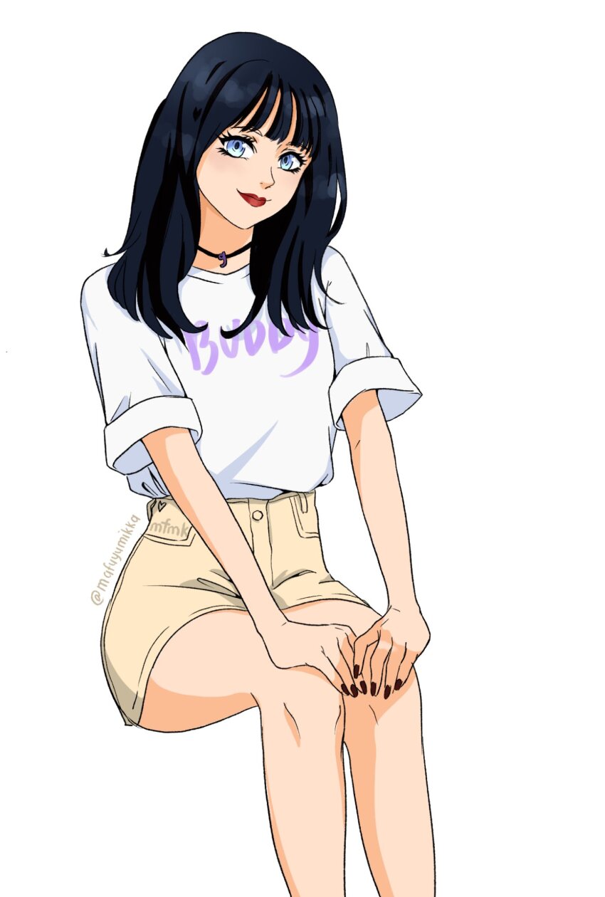 1girl, black_hair, black_nails, blunt_bangs, choker, closed_mouth, commentary, eyelashes, gfriend, highres, invisible_chair, k-pop, long_hair, looking_at_viewer, mafuyumikka, makeup, mascara, real_life, red_lips, shirt, shirt_tucked_in, shorts, simple_background, sitting, smile, solo, twitter_username, white_background, white_shirt, yuju_(gfriend)
