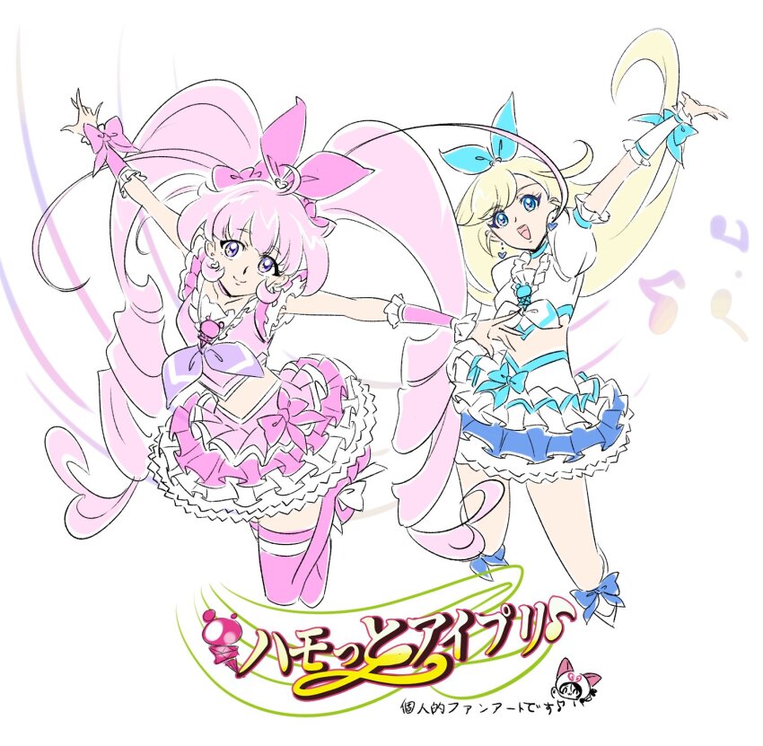 2girls, ahoge, aozora_himari, blonde_hair, blue_eyes, bow, choker, commentary_request