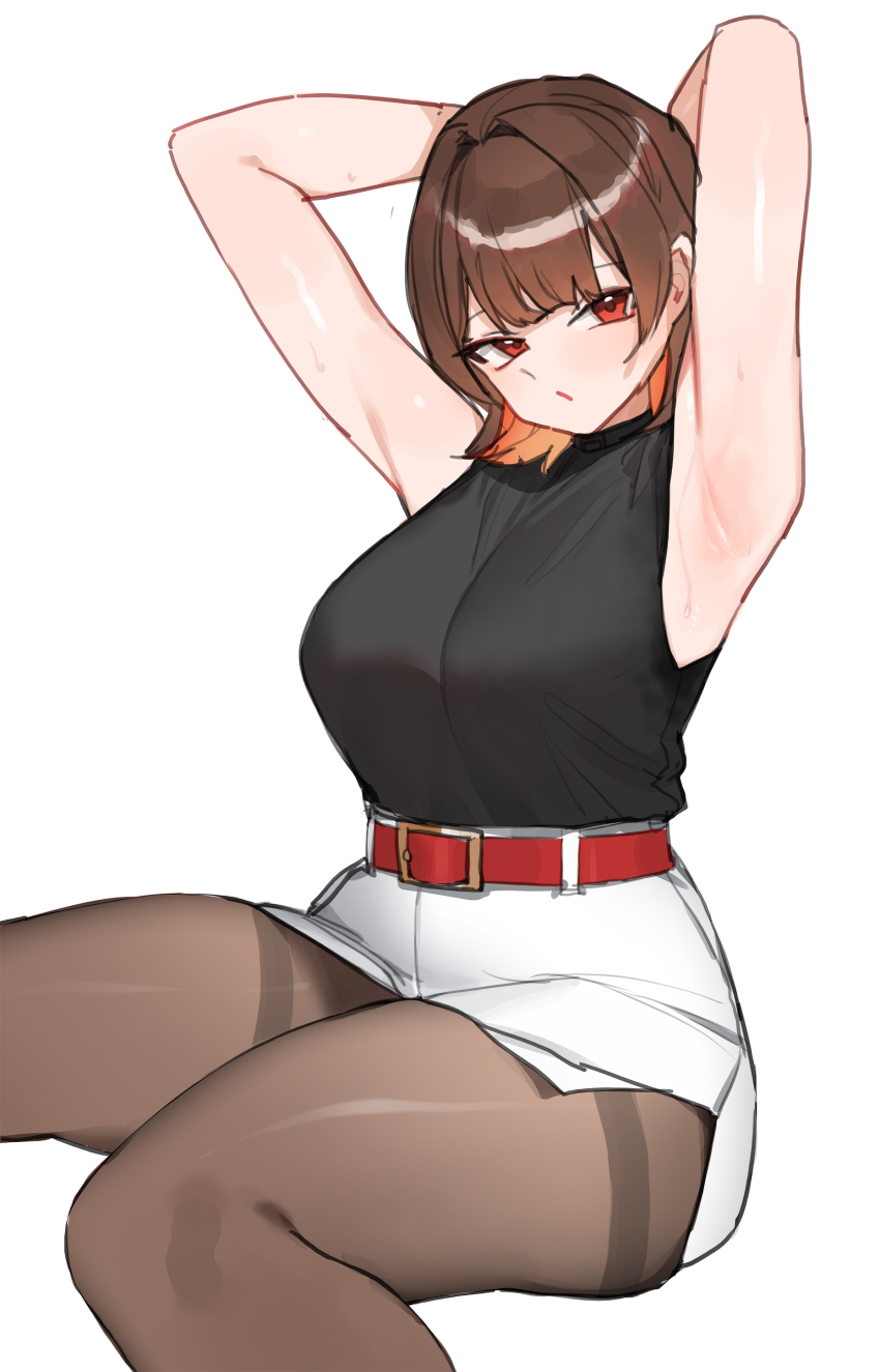 1girl, absurdres, alternate_costume, armpits, arms_behind_head, arms_up, bare_shoulders, belt