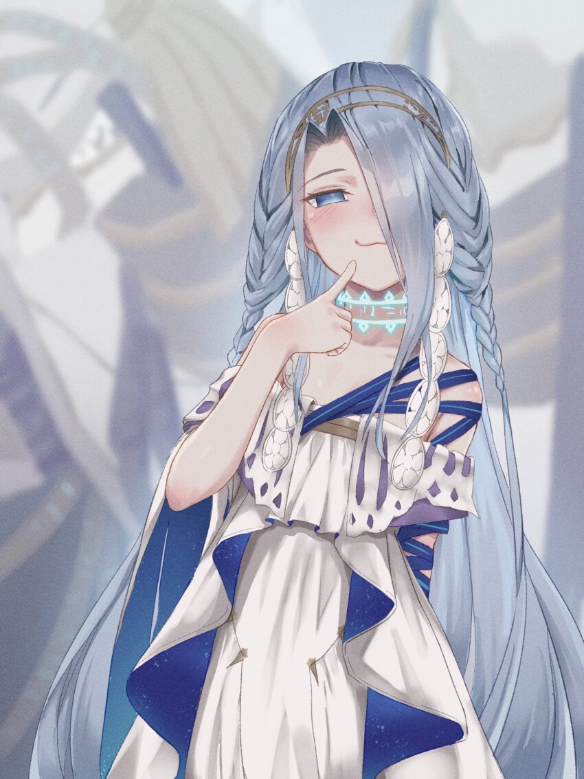 1girl, absurdres, bare_shoulders, blue_eyes, blue_hair, blue_ribbon, blush, braid