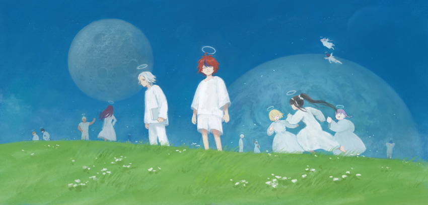 6+boys, 6+girls, absurdres, ahoge, amemiya_darumi, aotsuki_eito, black_hair, black_streaks, blonde_hair, blue_hair, blue_sky, book, braid, chinese_commentary, dress, everyone, field, flying, ginzaki_shouma, grey_hair, halo, highres, holding, holding_book, kawana_tsubasa, long_hair, magadori_kyoshika, maruko_gaku, mojiro_moko, moon, multicolored_hair, multiple_boys, multiple_girls, omokage_yugamu, oosuzuki_kurara, planet, ponytail, procreate_(medium), purple_hair, red_hair, robe, shenghuotui_xingxing, shion_(hundred_line), shirt, shizuhara_hiruko, short_hair, shorts, sky, smile, spoilers, streaked_hair, sumino_takumi, the_hundred_line_-last_defense_academy-, tsukumo_ima, tsukumo_kako, twin_braids, white_dress, white_hair, white_robe, white_shirt, white_shorts, wings, yakushiji_takemaru