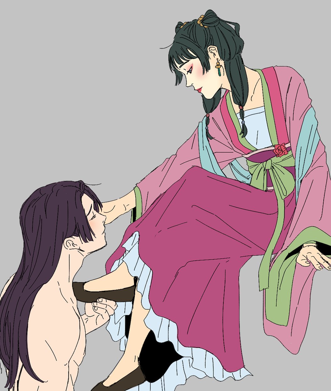 1boy, 1girl, chinese_clothes, commentary, cone_hair_bun, couple, dress, english_commentary, hair_bun, hetero, highres, invisible_chair, jinshi_(kusuriya_no_hitorigoto), kusuriya_no_hitorigoto, long_hair, looking_at_another, louise_artist, makeup, maomao_(kusuriya_no_hitorigoto), pink_dress, sitting, topless_male