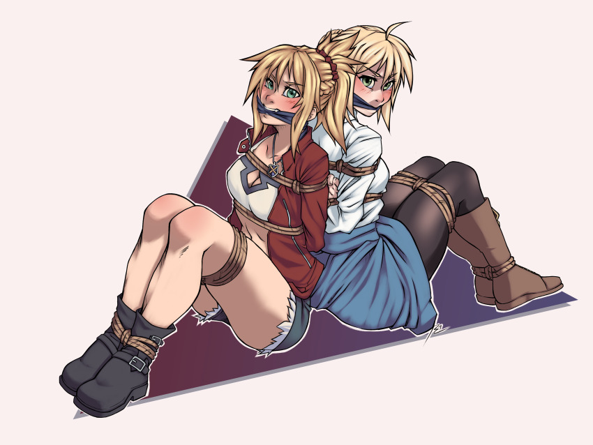 2girls, absurdres, arms_behind_back, artoria_pendragon_(fate), back-to-back, bdsm, belly, bondage