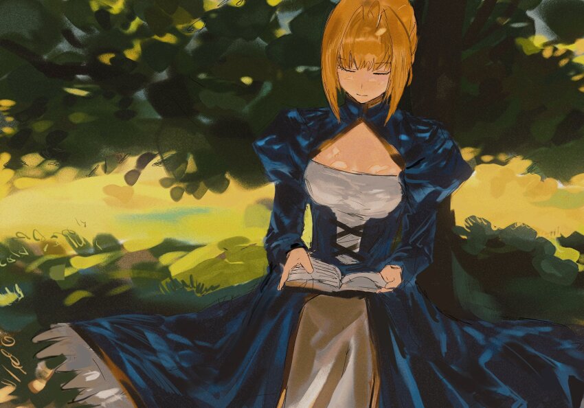 1girl, artoria_pendragon_(fate), ashashio, blonde_hair, blue_bow, blue_dress, book, bow, breasts, cleavage_cutout, closed_eyes, closed_mouth, clothing_cutout, day, dress, fate/stay_night, fate/unlimited_blade_works, fate_(series), grass, hair_bow, highres, holding, holding_book, honkai:_star_rail, honkai_(series), juliet_sleeves, long_sleeves, medium_breasts, open_book, outdoors, puffy_sleeves, saber_(fate), saber_(honkai:_star_rail)_(fate), shadow, short_hair, sidelocks, sitting, solo, tree, two-tone_dress, white_dress