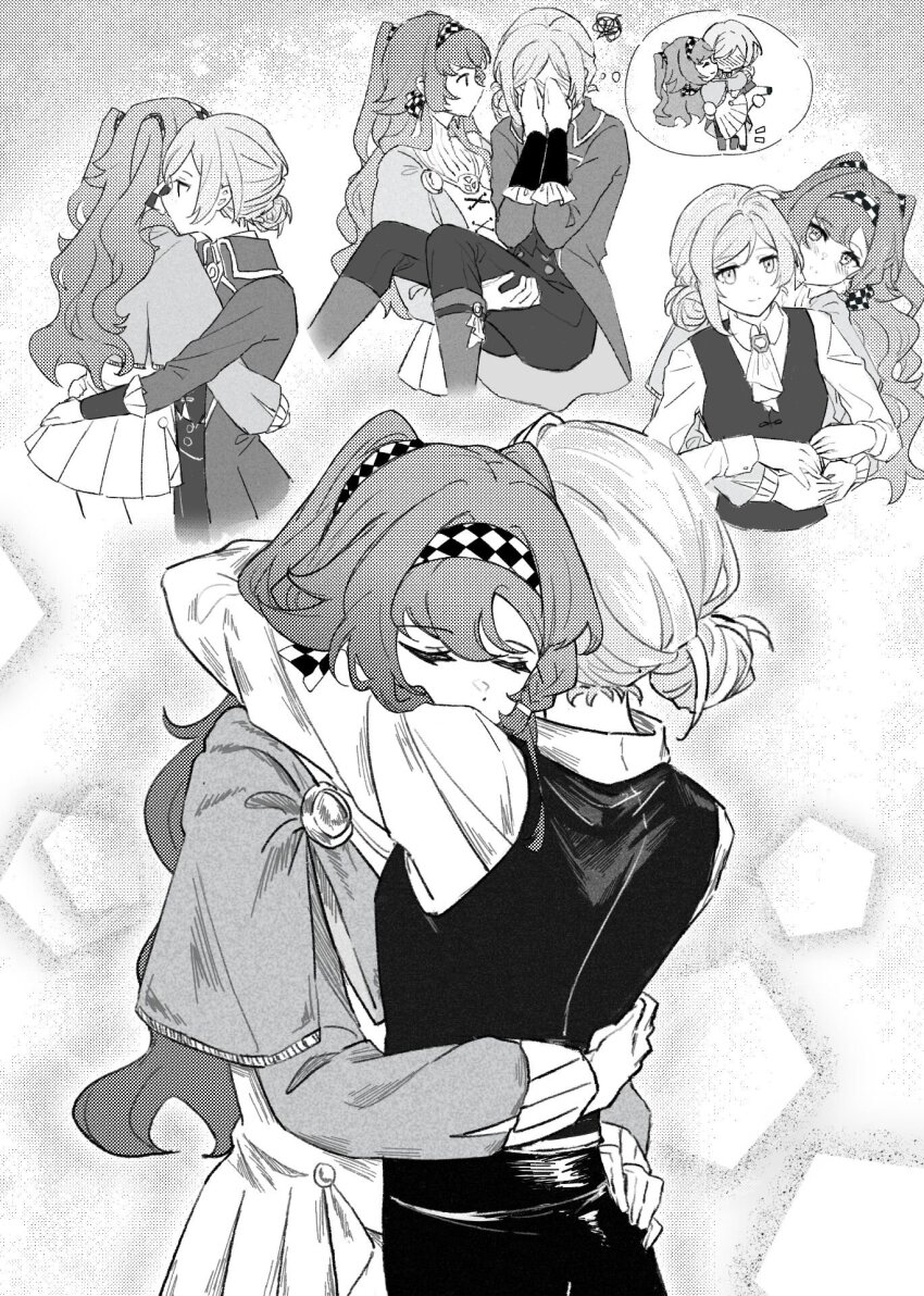 2girls, 7nosuke, ascot, blush, carrying, checkered_hairband, closed_eyes, coat, collared_shirt, commentary, covering_face, dress, english_commentary, gloves, greyscale, hair_bun, hairband, highres, hug, hug_from_behind, long_hair, long_sleeves, monochrome, multiple_girls, pants, pleated_skirt, princess_carry, reverse:1999, shirt, single_side_bun, skirt, smile, sonetto_(reverse:1999), two_side_up, vertin_(reverse:1999), very_long_hair, yuri