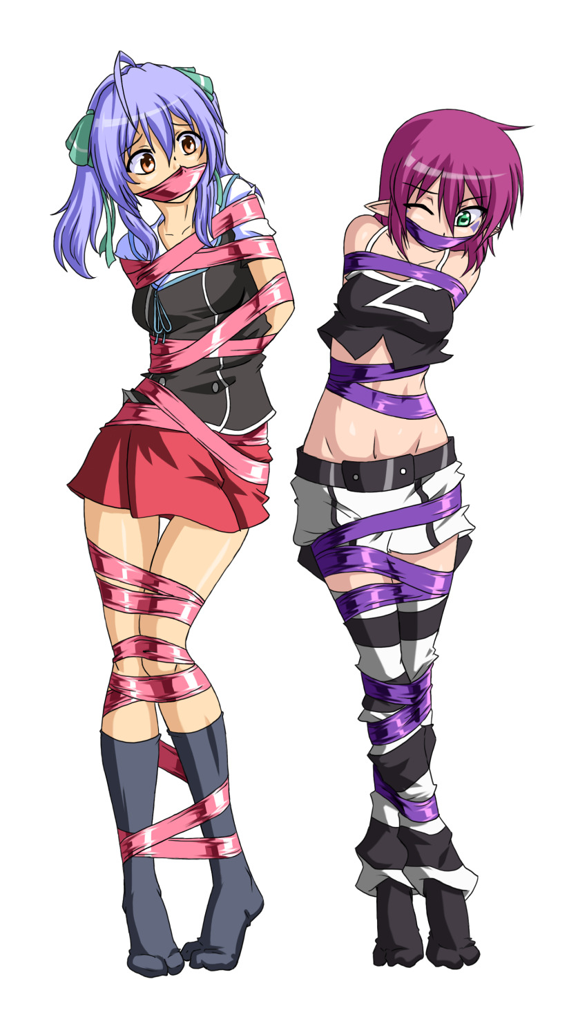 2girls, absurdres, arms_behind_back, bdsm, belly, bondage, bound, collarbone