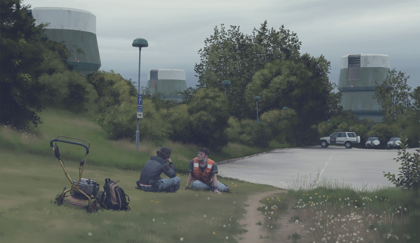 1boy, 1other, absurdres, bracelet, building, cloud, cloudy_sky, dandelion