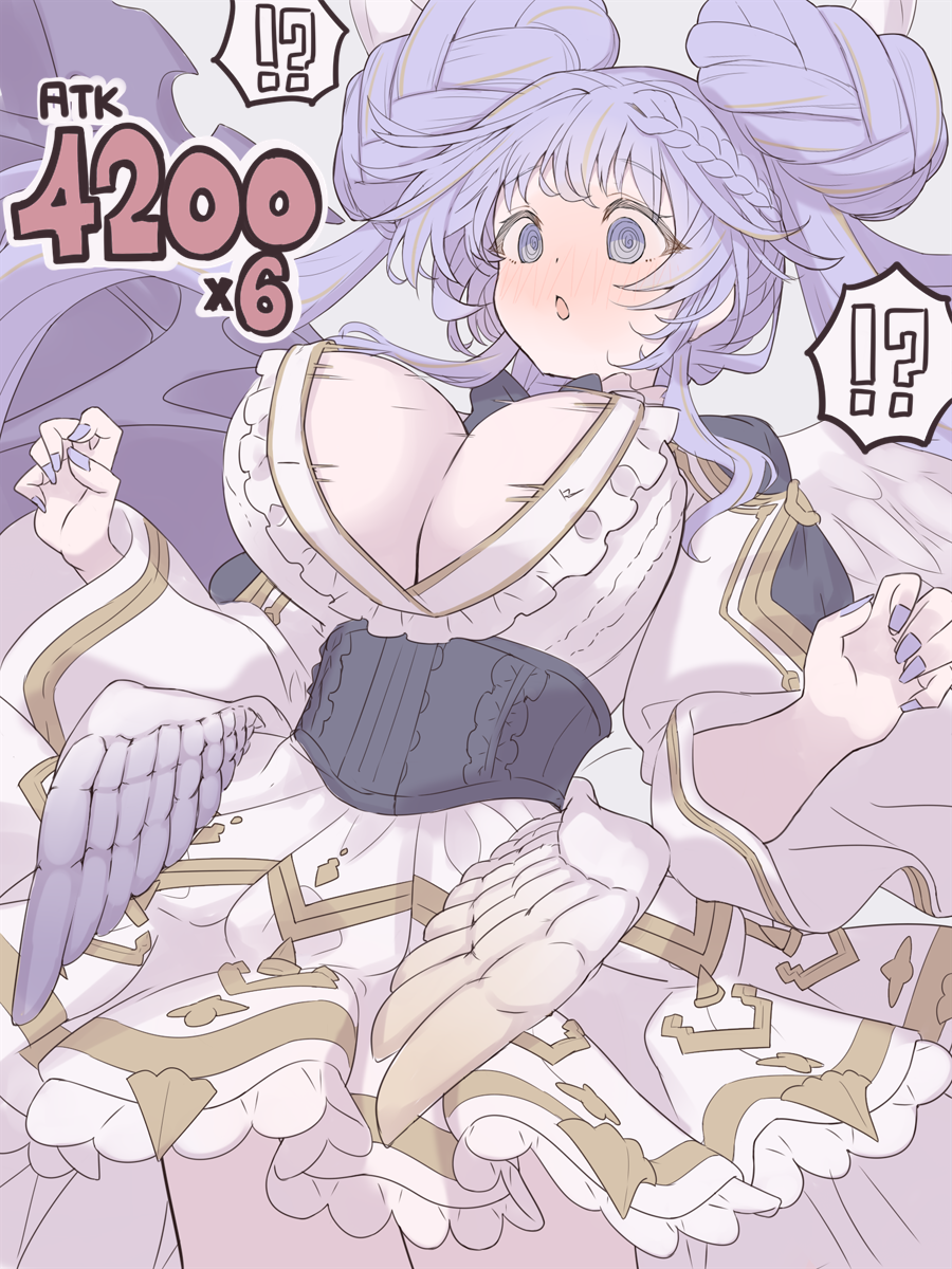 !?, 1girl, @_@, alternate_breast_size_(larger), angel_wings, black_bow, black_bowtie, black_corset, blush, bow, bowtie, braid, breast_expansion, breasts, cleavage, corset, demon_wings, double_bun, dress, duel_monster, grey_background, hair_bun, highres, large_breasts, long_hair, long_sleeves, memento_vivi, open_mouth, purple_eyes, purple_hair, purple_nails, selettrice_vaalmonica, simple_background, solo, speech_bubble, twin_braids, varar_vaalmonican_concord, very_long_hair, white_dress, wings, yu-gi-oh!