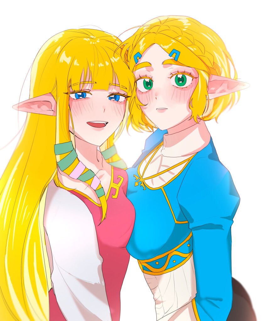 2girls, absurdres, big_egg526, blue_eyes, blue_shirt, braid, collarbone, commentary