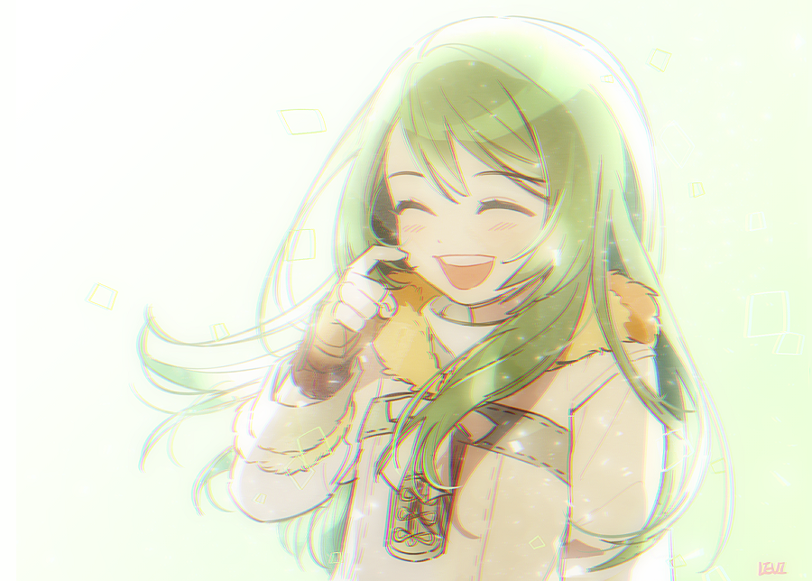 1girl, artist_name, finger_to_face, fingerless_gloves, gloves, green_hair, levi_spo, long_sleeves