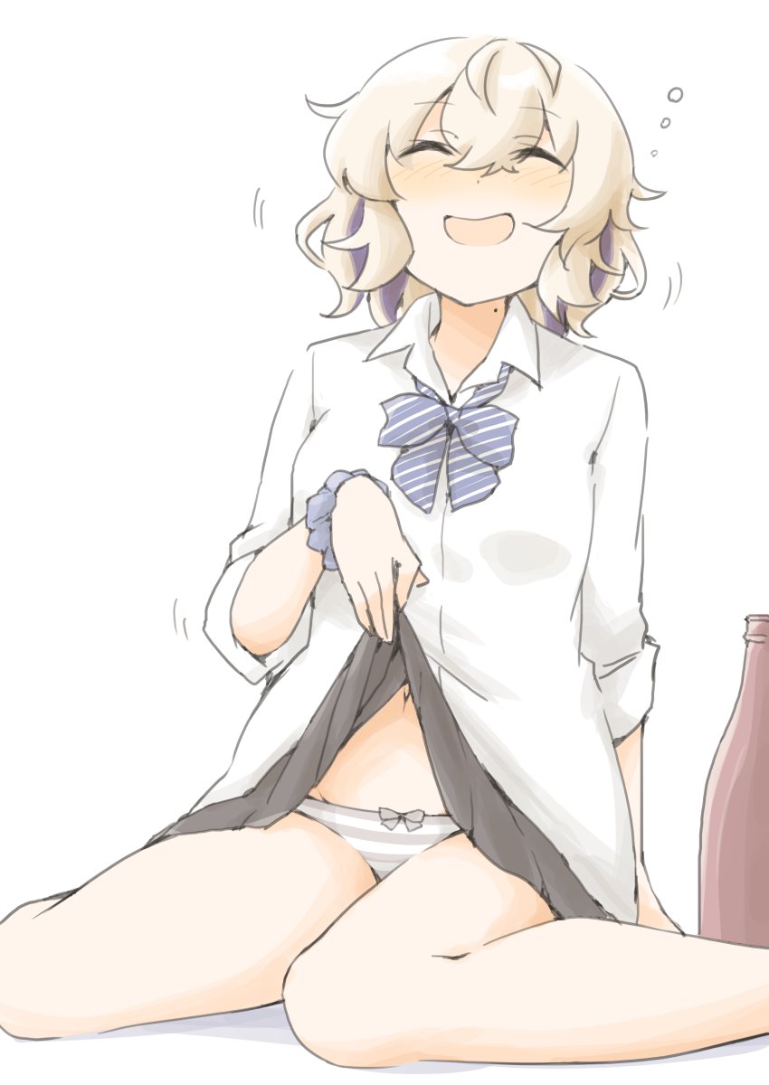 1girl, akara_kai, alcohol, black_skirt, blonde_hair, blue_eyes, blue_hair, bottle