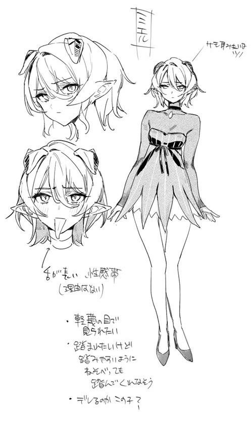 1girl, horns, kanan-sama_wa_akumade_choroi, long_tongue, miel_(kanan-sama), monochrome, nonco, pointy_ears